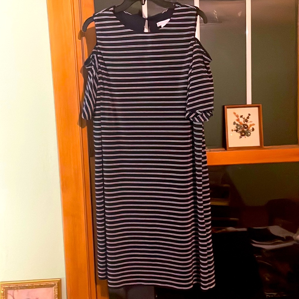 London Times navy and white striped cold shoulder dress